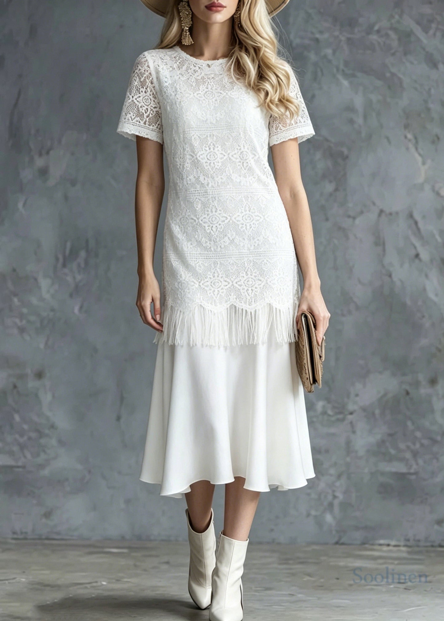 Style White Tasseled Patchwork Lace Maxi Dress Summer