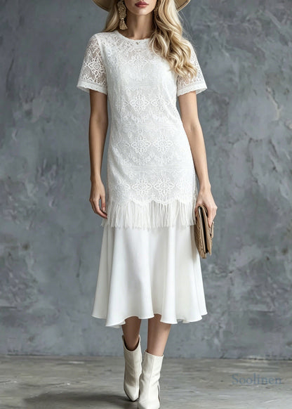 Style White Tasseled Patchwork Lace Maxi Dress Summer