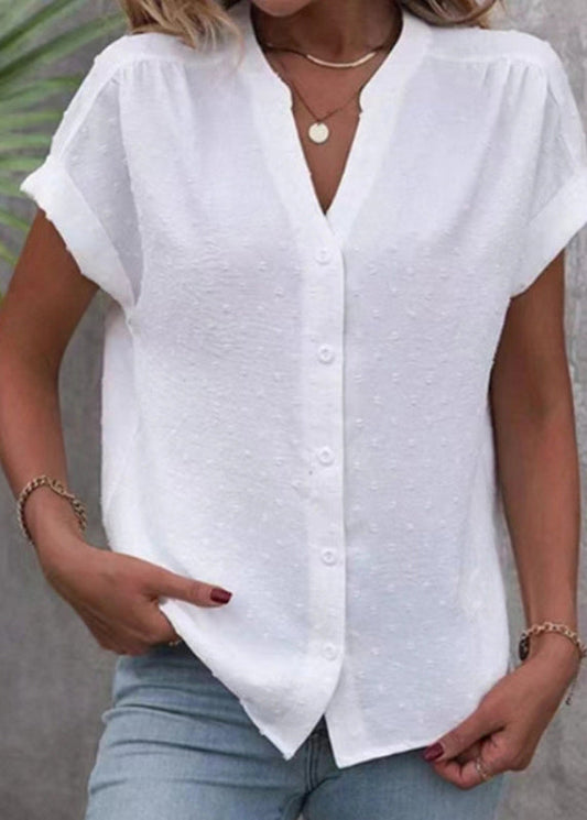 Style White V Neck Button Jacquard Cotton Tops Summer