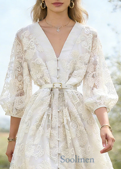 Style White V Neck Patchwork Tulle Mid Dress Spring