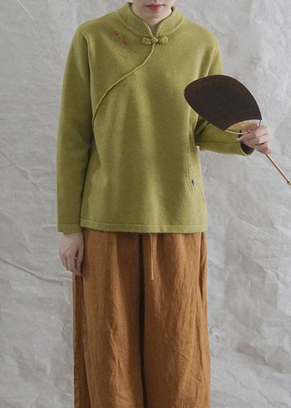 Stil Gelb Lässige Retro-Strickoberteile mit Stickereien