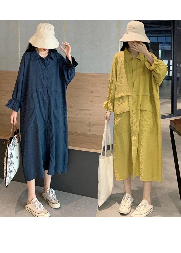 Style Yellow Dress Lapel Pockets Maxi Spring Dresses - SooLinen