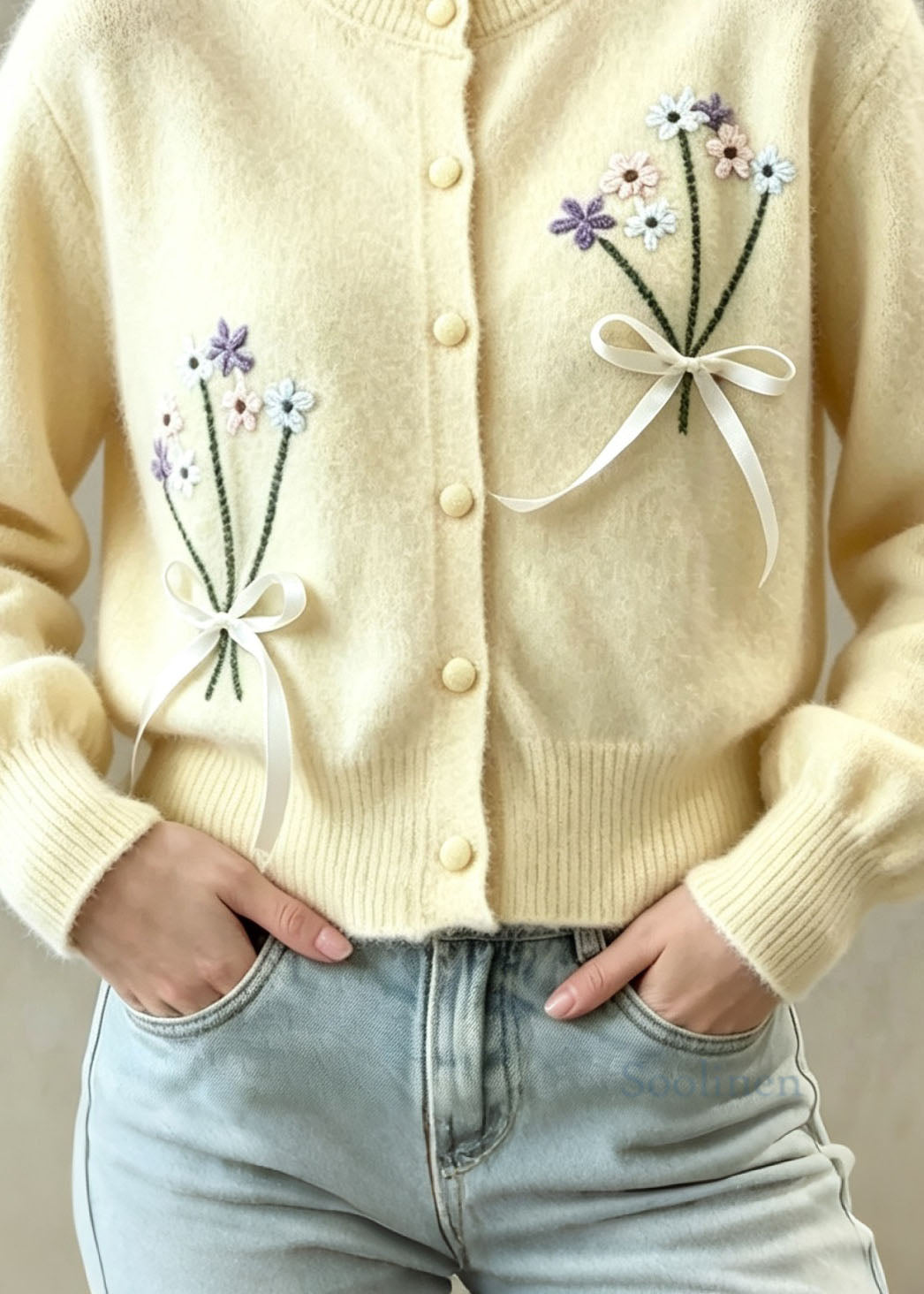 Style Yellow Embroidered Floral Bow Button Knit Coat Fall