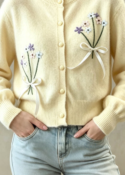 Style Yellow Embroidered Floral Bow Button Knit Coat Fall