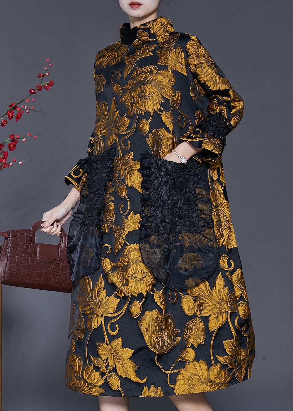 Stil Gelb Jacquard Patchwork Taschen Baumwolle Kleid Frühling