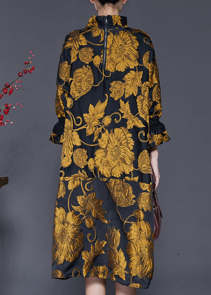 Stil Gelb Jacquard Patchwork Taschen Baumwolle Kleid Frühling