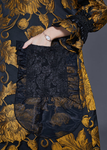 Stil Gelb Jacquard Patchwork Taschen Baumwolle Kleid Frühling