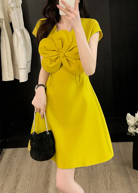 Style Yellow O Neck Floral Decorated Cotton Dress Summer