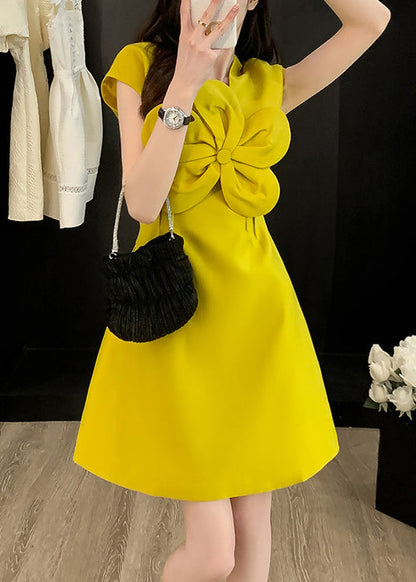 Style Yellow O Neck Floral Decorated Cotton Dress Summer