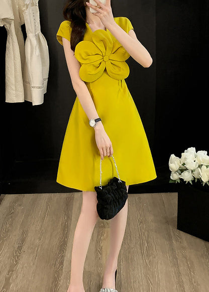 Style Yellow O Neck Floral Decorated Cotton Dress Summer