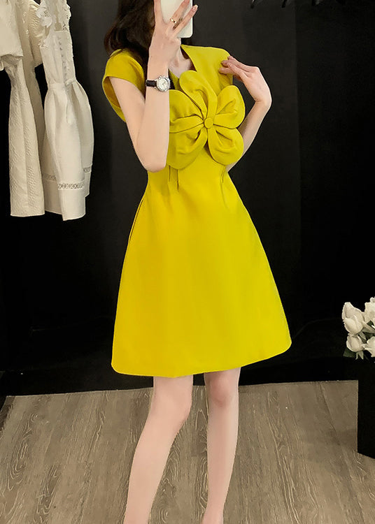 Style Yellow O Neck Floral Decorated Cotton Dress Summer
