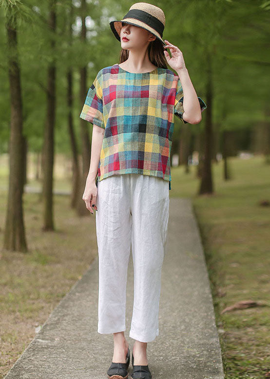 Stil Gelbes kariertes Baumwolltop mit Rundhalsausschnitt und kurzen Ärmeln