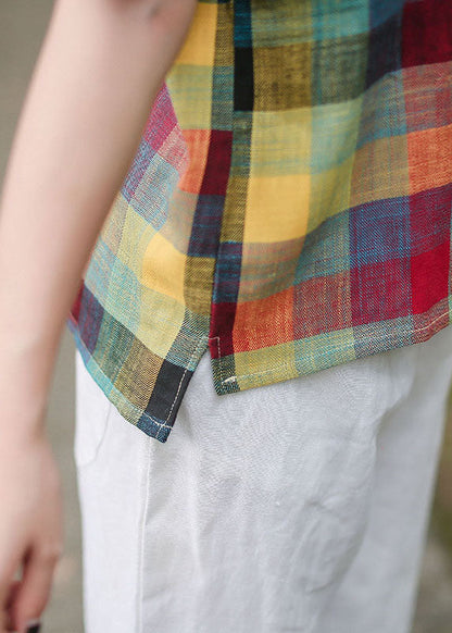 Stil Gelbes kariertes Baumwolltop mit Rundhalsausschnitt und kurzen Ärmeln