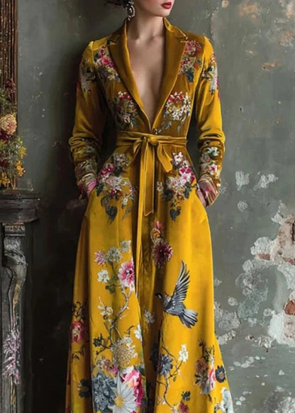 Style Yellow Peter Pan Collar Print Patchwork Tie Waist Velvet Dress Fall