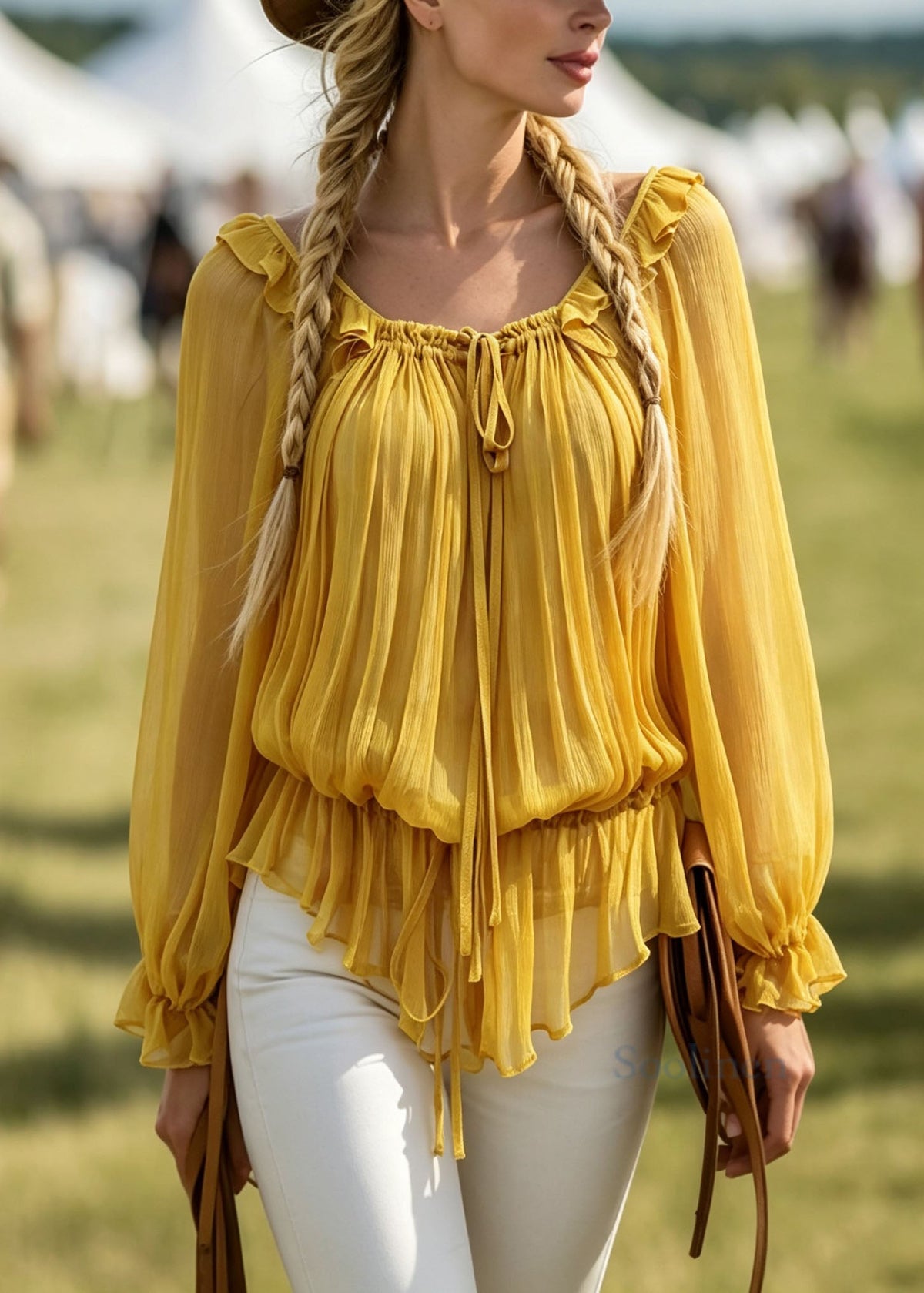 Style Yellow Ruffled Lace Up Patchwork Chiffon Shirt Tops Fall