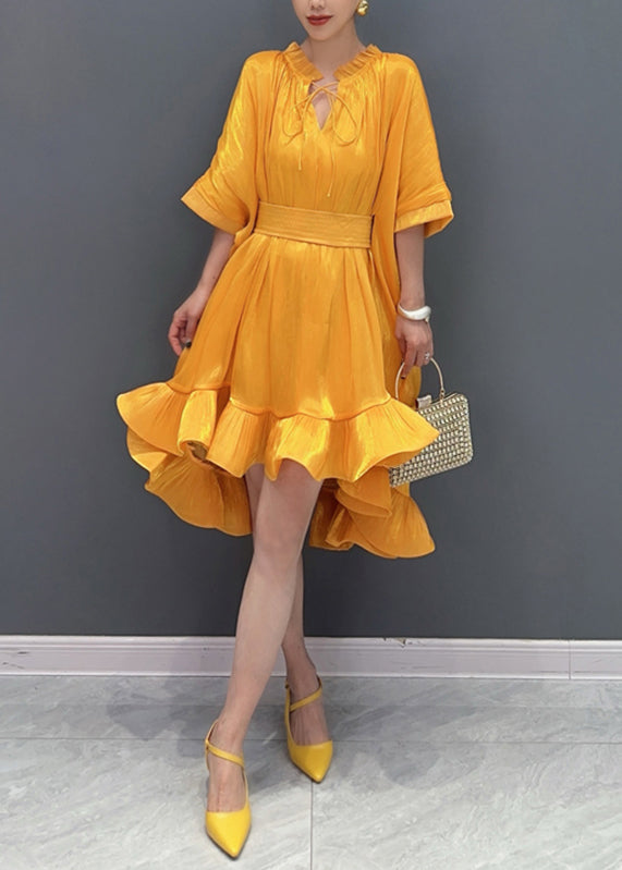 Style Yellow Ruffled Patchwork Low High Design Maxi Dress Summer