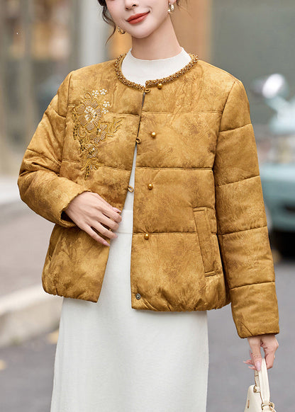Stilvoller gelber Pailletten-bestickter Damen-Wintermantel aus feiner Baumwolle