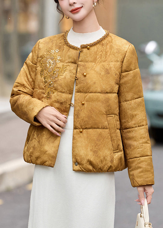 Stilvoller gelber Pailletten-bestickter Damen-Wintermantel aus feiner Baumwolle