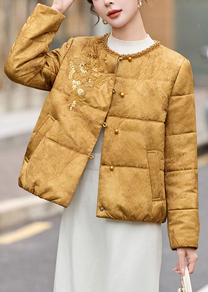 Stilvoller gelber Pailletten-bestickter Damen-Wintermantel aus feiner Baumwolle