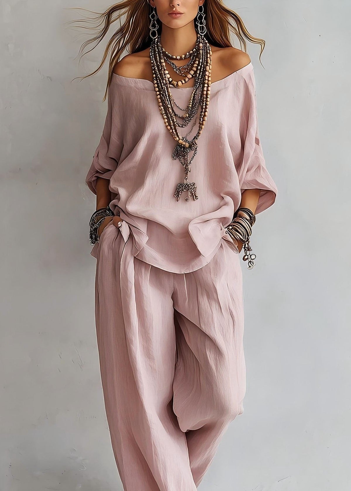 Style Yellow Slash Neck Solid Top And Wide Leg Pants Two Pieces Set Long Sleeve