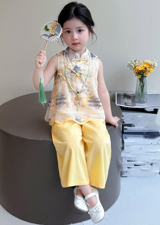 Style Yellow Stand Collar Print Girls Top And Wide Leg Pants Two Pieces Set Sleeveless