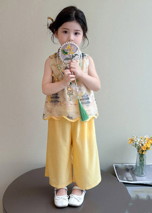 Style Yellow Stand Collar Print Girls Top And Wide Leg Pants Two Pieces Set Sleeveless