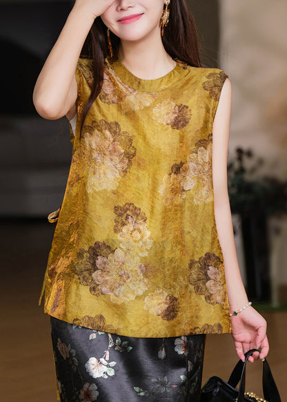 Style Yellow Stand Collar Print Tie Waist Tops Sleeveless