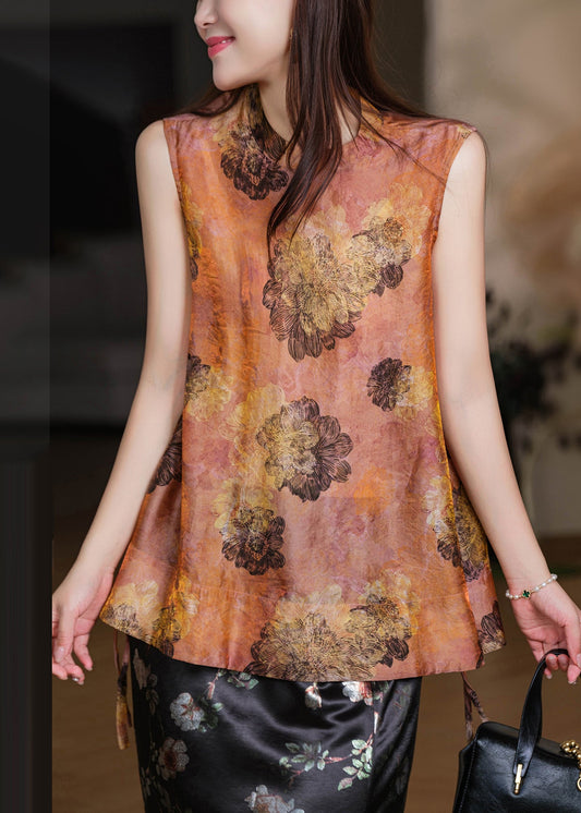 Style Yellow Stand Collar Print Tie Waist Tops Sleeveless