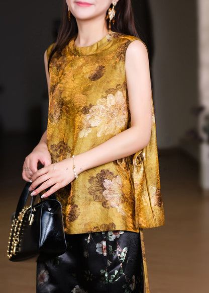 Style Yellow Stand Collar Print Tie Waist Tops Sleeveless