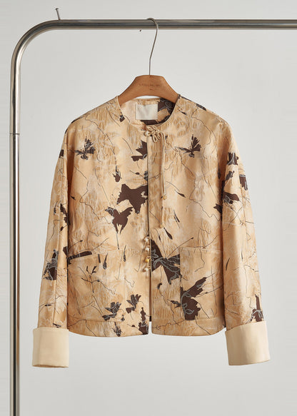 Style Yellow Tasseled Jacquard Silk Coats Fall