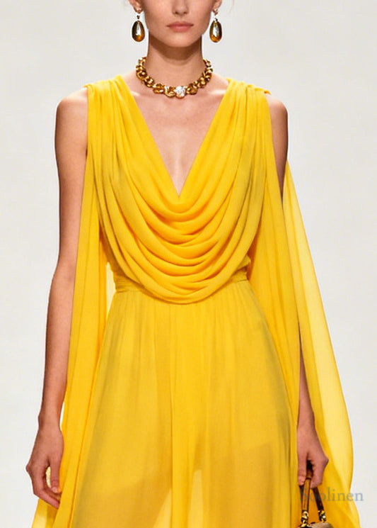 Style Yellow Turtle Neck Exra Large Hem Flower Chiffon Dresses Sleeveless