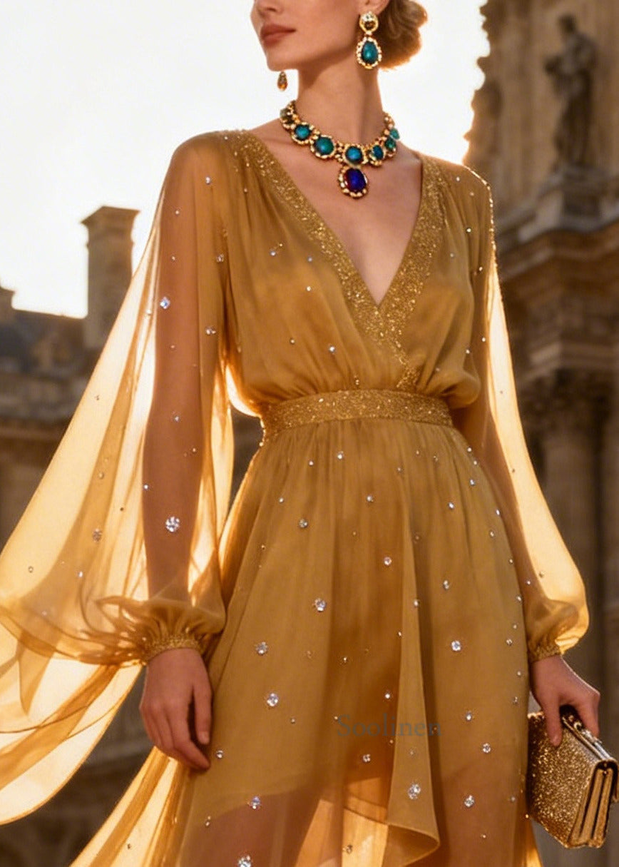 Style Yellow V Neck Rhinestone Chiffon Dinner Dress Summer