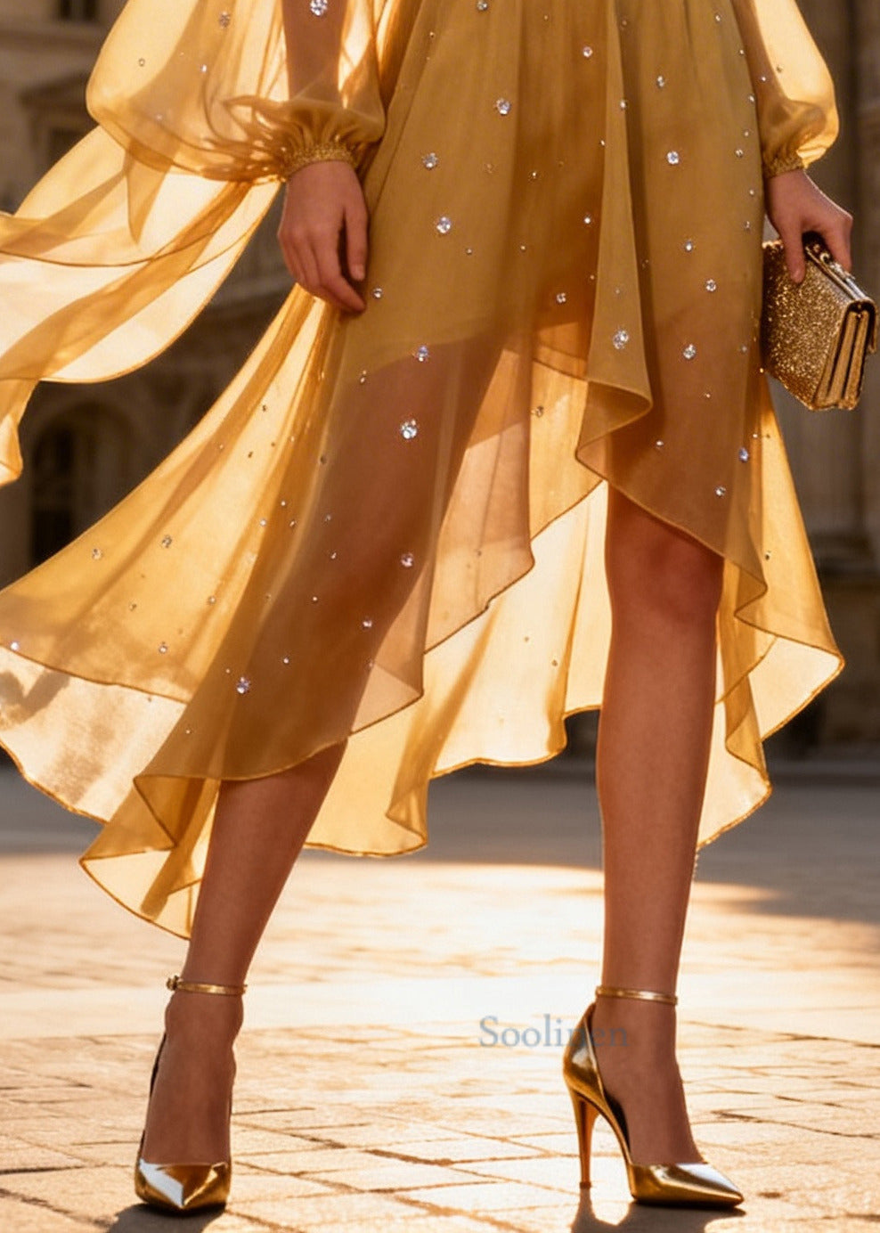 Style Yellow V Neck Rhinestone Chiffon Dinner Dress Summer