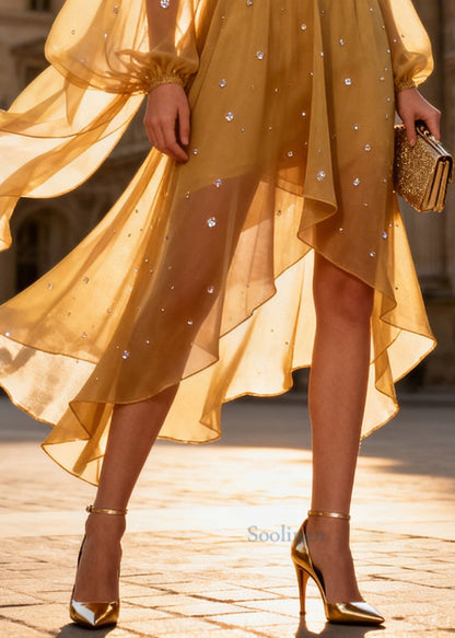 Style Yellow V Neck Rhinestone Chiffon Dinner Dress Summer