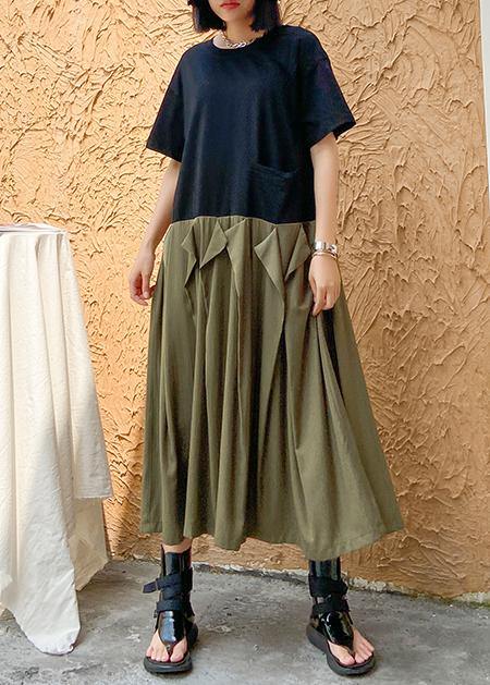 Style army green cotton clothes Women o neck patchwork Traveling summer Dresses - SooLinen