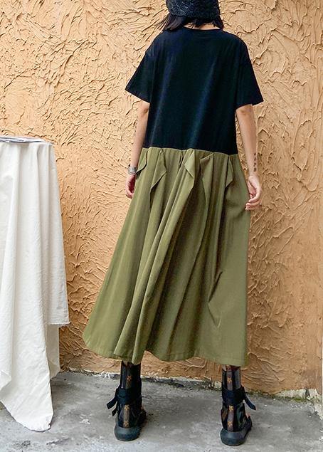 Style army green cotton clothes Women o neck patchwork Traveling summer Dresses - SooLinen