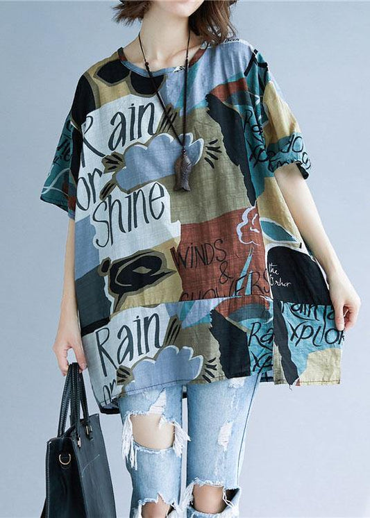 Style asymmetric prints cotton Shirts o neck summer Tops - SooLinen