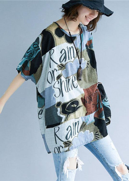 Style asymmetric prints cotton Shirts o neck summer Tops - SooLinen