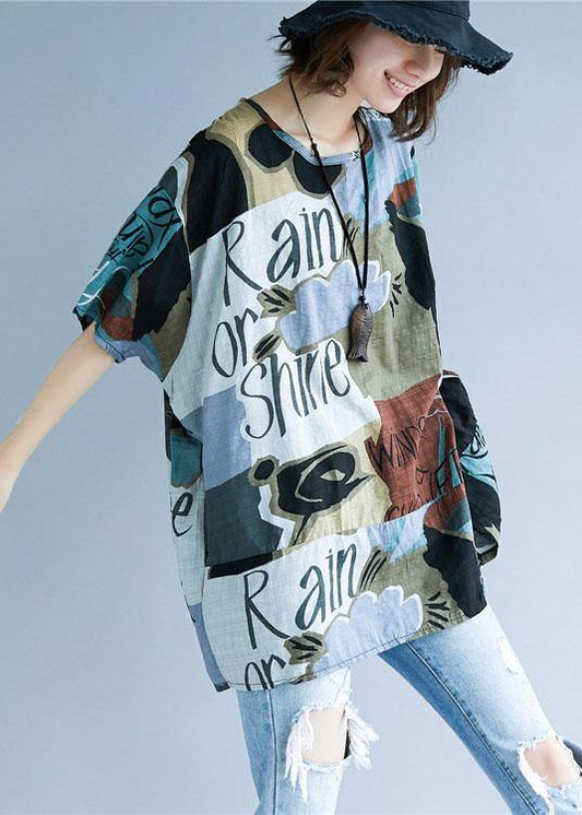Style asymmetric prints cotton Shirts o neck summer Tops - SooLinen