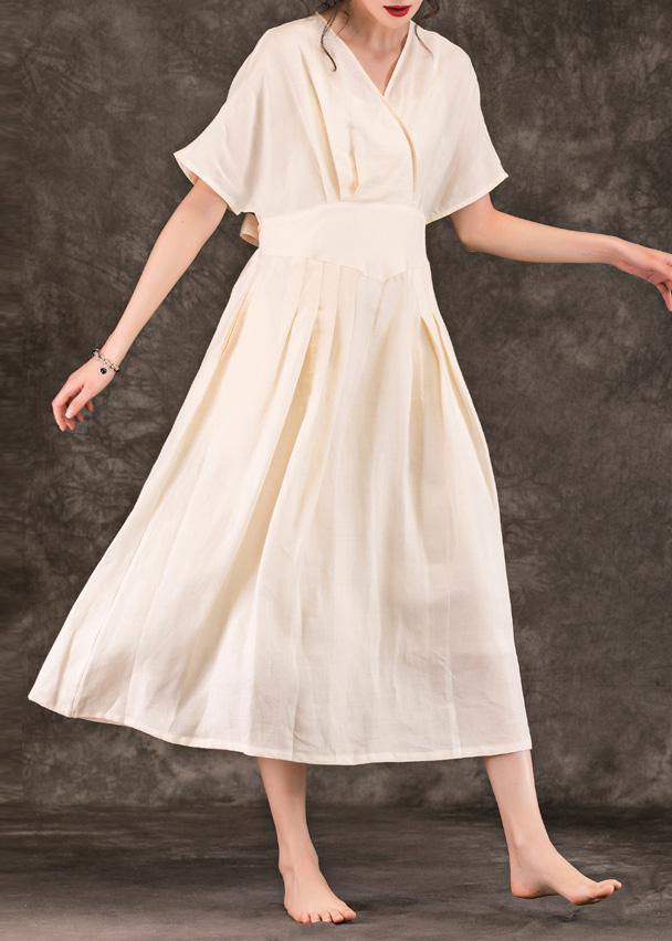 Style beige linen Robes v neck tie waist summer Dress - SooLinen