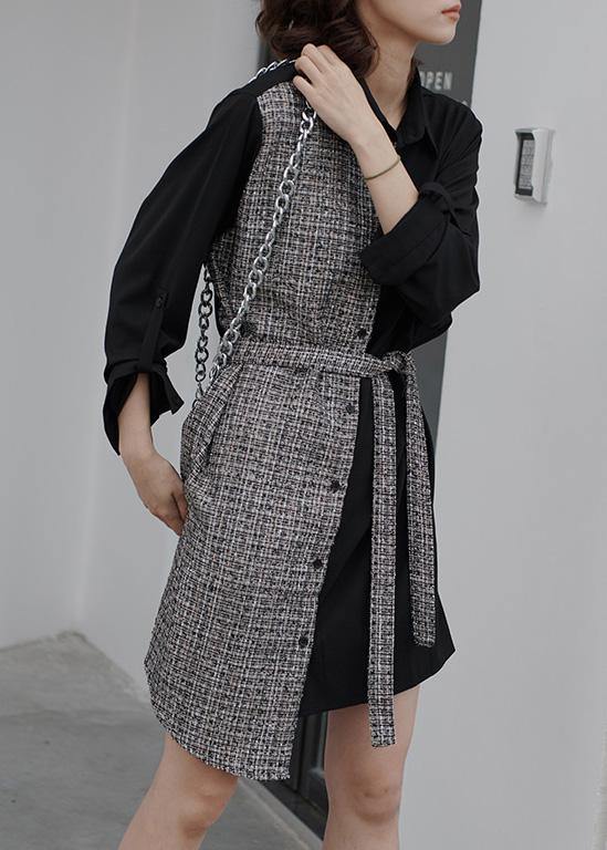 Style black Cotton Wardrobes tie waist daily patchwork Dresses - SooLinen