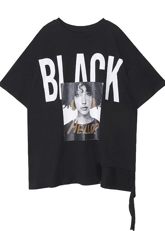 Style black Letter cotton tunic top o neck Dresses shirt - SooLinen