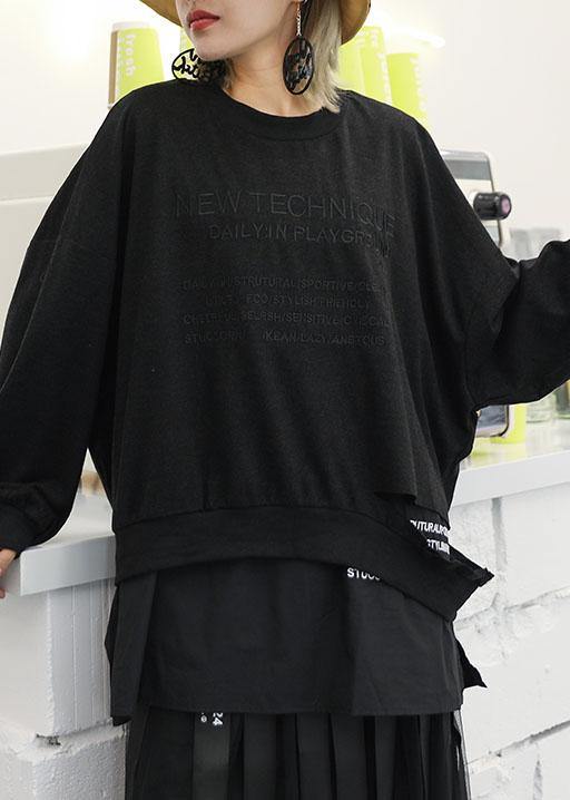 Style black cotton blouses for women ripped hem Art fall shirts - SooLinen