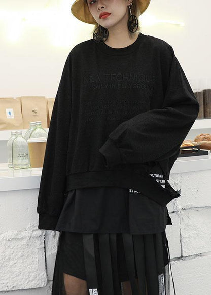 Style black cotton blouses for women ripped hem Art fall shirts - SooLinen