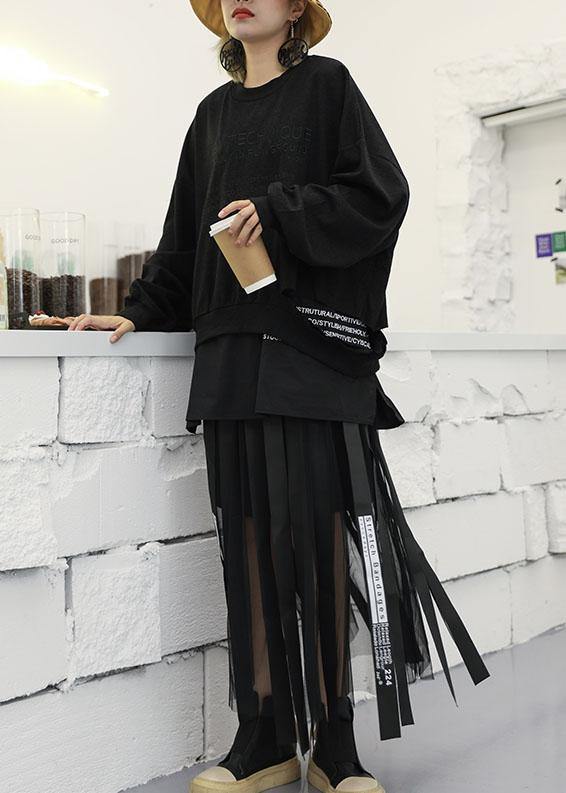 Style black cotton blouses for women ripped hem Art fall shirts - SooLinen