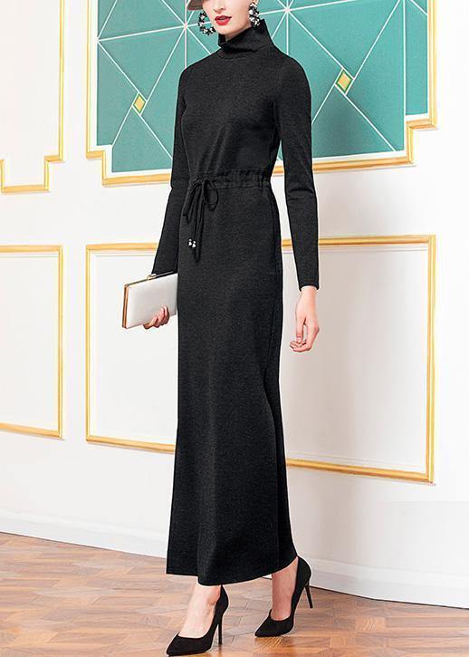 Style black cotton clothes high neck cotton robes side open Dresses - SooLinen