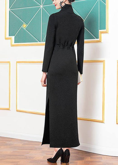 Style black cotton clothes high neck cotton robes side open Dresses - SooLinen