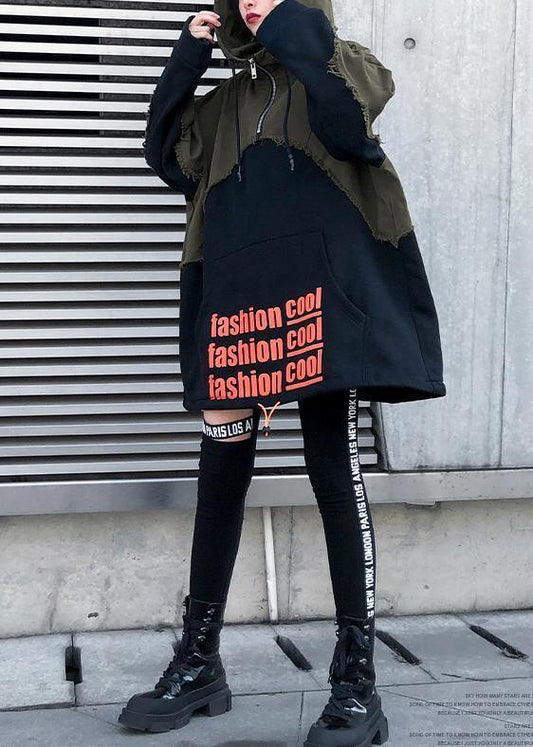 Style black cotton crane tops hooded winter Dresses patchwork tops - SooLinen