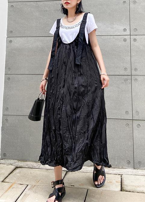 Style black cotton quilting dresses Spaghetti Strap Cinched long summer Dress - SooLinen