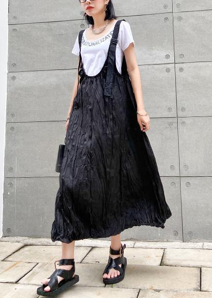 Style black cotton quilting dresses Spaghetti Strap Cinched long summer Dress - SooLinen